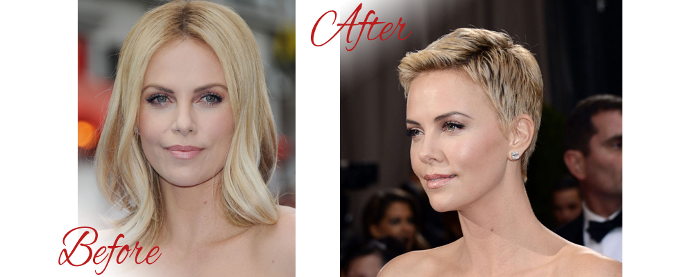 Charlize Theron before and after short hair cut